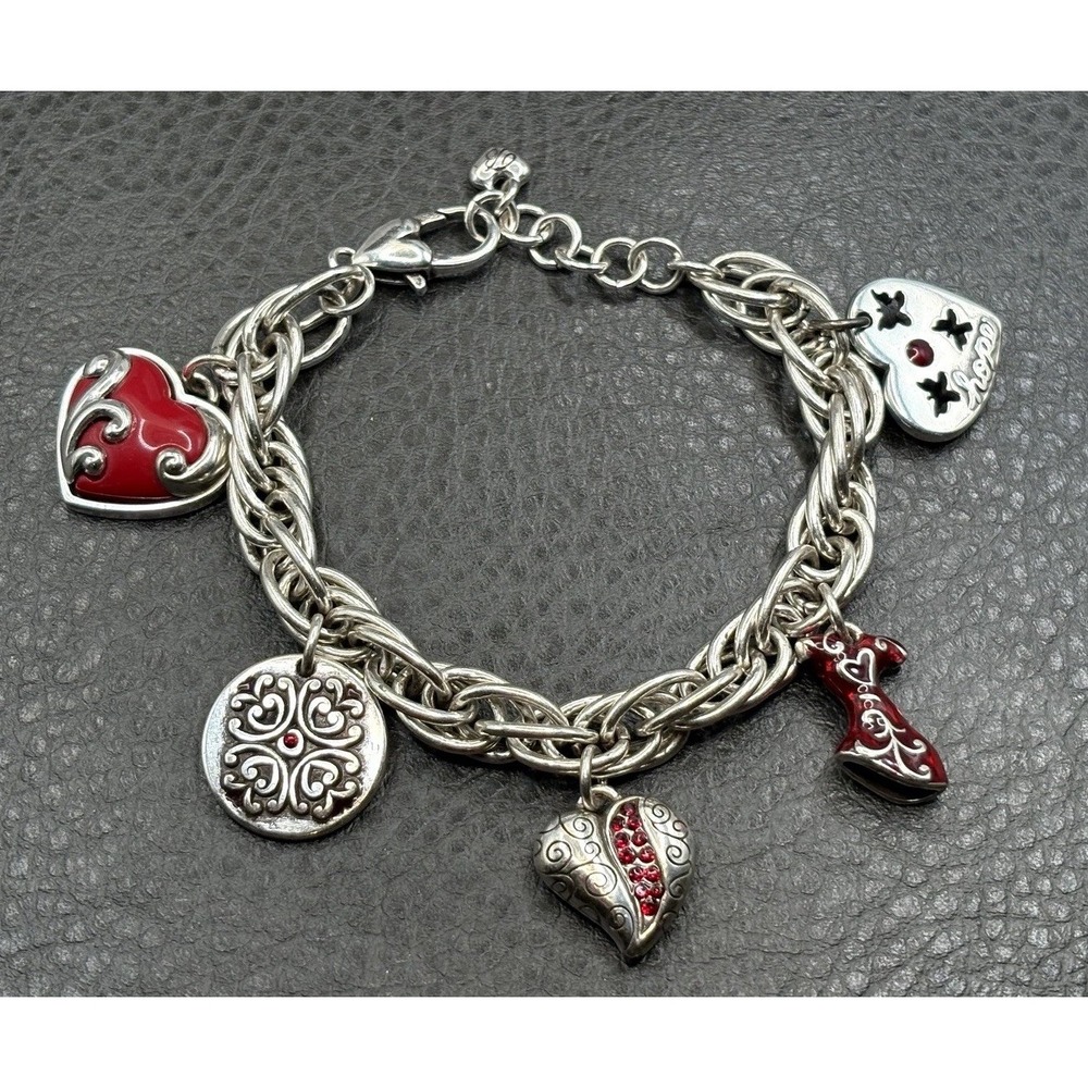 Brighton Style Heart Charm Bracelet Red Enamel Crystal Hope Silver Tone